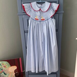 Blue smocked Dress with Sailboat Embroidery